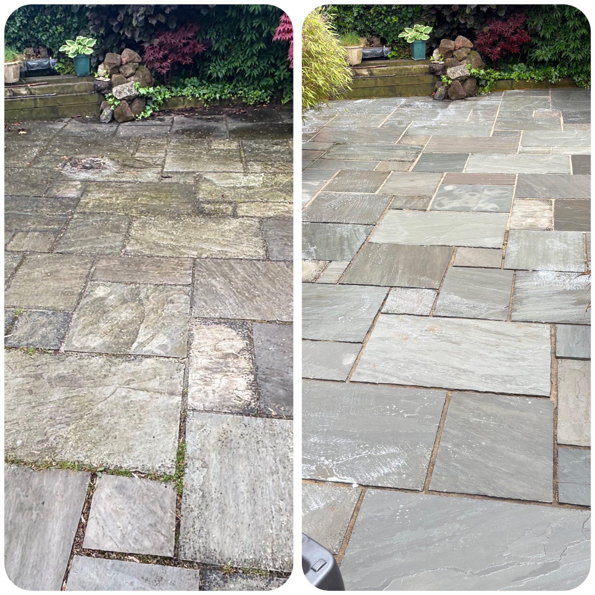 Sandstone patio before and after pressure washing in Lincoln — photo 2